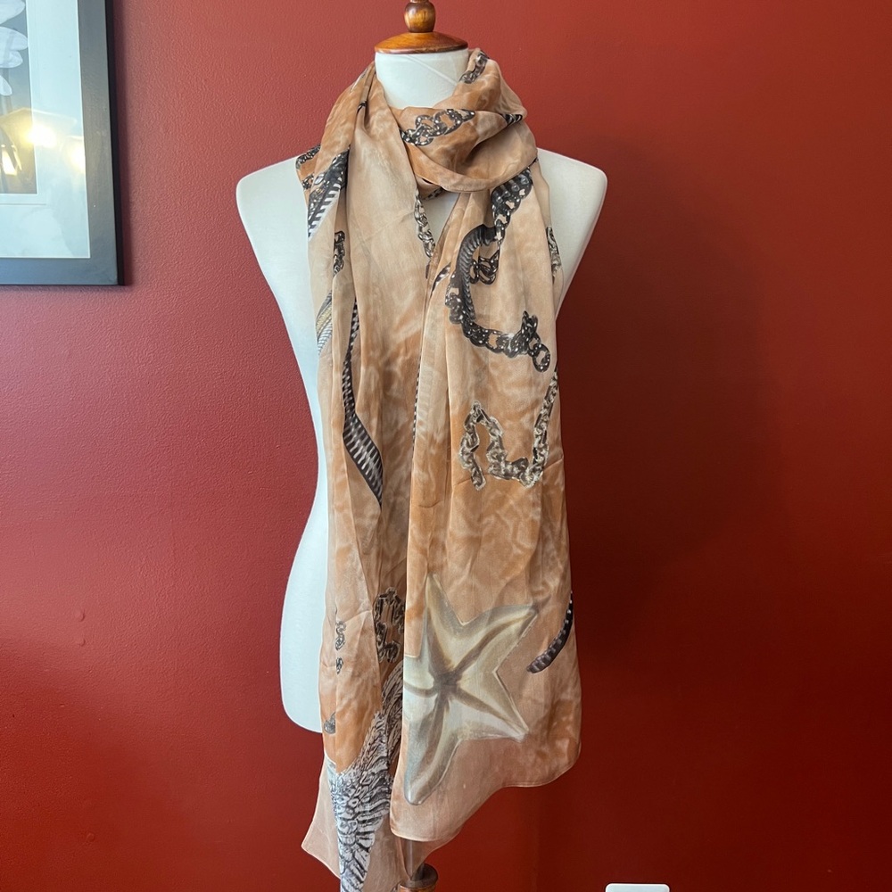 Jimmy Choo 100% Silk Scarf Light Brown Star & Chain Print Scarf NWOT